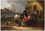 Théobald Michau, VIEW OF A HARBOUR WITH DRINKING PEASANTS, Oil on panel