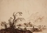 Giovanni Francesco Barbieri, called Il Guercino, attributed to, A MOUNTAINOUS LANDSCAPE WITH RIVER AND FISHERS, Pen and brown ink
