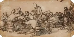 Adriaen van Ostade, A GROUP OF PEASANTS DRINKING AND SMOKING, Pen and brown ink, wash and grey ink