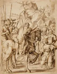 Jean Riga, ABIGAIL BRINGING GIFTS TO KING DAVID, Pen and wash and brown ink