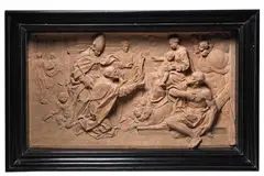Antoine Duparc, A TERRACOTTA RELIEF OF THE MIRACULOUS HEALING OF BISHOP BONACURSIUS OF AIX, Terracotta-Bozzetto, Antoine Duparc 1735 (GR 2.352) Wear with minimal losses. Securely set into a wooden frame