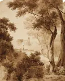 Jean Baptiste Le Sueur, VIEW ON TIVOLI, Brush and brown ink