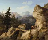 Philipp Heinel, A MOUNTAINOUS LANDSCAPE WITH HUNTERS, Oil on canvas, mounted on wood