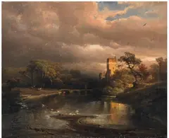 Caspar Scheuren, A RIVER LANDSCAPE WITH A CASTLE AND BRIDGE, Oil on canvas (relined)