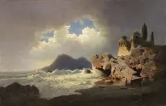 VIEW OF THE TORRE DI BADIA AT MARINA DI VIETRI BETWEEN SALERNO AND AMALFI by Albert Flamm, Oil on canvas, mounted on wood, sold Nov 2013