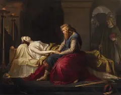 Adolf Ehrhardt, CHARLEMAGNE MOURNING OVER THE DEATH OF HIS WIFE FASTRADA, Oil on canvas