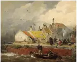 A DUTCH COASTAL SCENE WITH FISHER'S COTTAGES by Andreas Achenbach, Oil on panel, sold Nov 2013