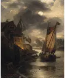 A VIEW OF A DUTCH COASTAL TOWN AND A SAILING BOAT BY MOONLIGHT by Andreas Achenbach, Oil on canvas (relined), sold Nov 2013