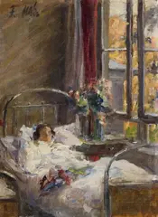 Fritz von Uhde, IN THE SICKROOM, Oil on canvas, mounted on cardboard