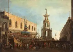 Antonio Canal, called Canaletto, copy after, THE DOGE AT THE CELEBRATION OF THE "GIOVEDÍ GRASSO" AT THE PIAZZETTA, Oil on canvas (relined)