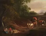 A WOODED LANDSCAPE WITH TRAVELLERS by Flemish School of the 18th century, Oil on panel, sold Sep 2013