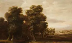Jacob van Geel, A WOODED LANDSCAPE WITH TRAVELLERS, Oil on panel (parquetted)