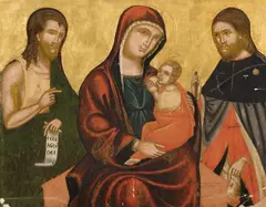 Italian School of the 15th century, THE MADONNA WITH SAINT JOHN AND SAINT JAMES, Oil on panel (parquetted)