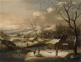 WINTER LANDSCAPE WITH A VILLAGE AND FIGURES by circle of Klaes (Nicolaes) Molenaer, Oil on canvas (relined), sold Sep 2013