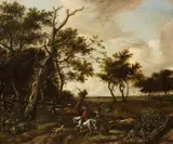 WOODED LANDSCAPE WITH HUNTSMEN by follower of Jan Wijnants, Oil on panel, sold Sep 2013