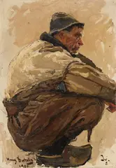 Hans von Bartels, OIL STUDY OF A CROUCHING FISHERMAN, Oil on canvas (relined)