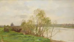 TREES BY A RIVERBANK by Pierre Emmanuel Damoye, Oil on panel, sold Sep 2013