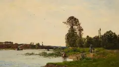 RIVERBANK WITH WASHERWOMEN by Hippolyte Camille Delpy, Oil on panel, sold Sep 2013