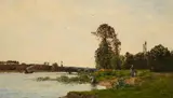 Hippolyte Camille Delpy, RIVERBANK WITH WASHERWOMEN, Oil on panel