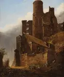attributed to Friedrich Joseph Ehemant, VIEW OF A RUINED CASTLE, Oil on canvas