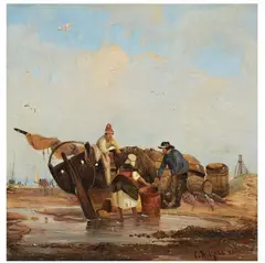 Carl Hilgers, COASTAL VIEW WITH FISHERMEN, Oil on panel