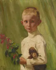 Arthur Kampf, PORTRAIT OF A BOY WITH A FLOWERING BRANCH AND A MONKEY, Oil on canvas