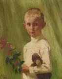 Arthur Kampf, PORTRAIT OF A BOY WITH A FLOWERING BRANCH AND A MONKEY