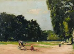 Herbert Kuron, CHILDREN'S PLAYGROUND IN TIERGARTEN, Oil on canvas, mounted on cardboard