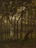 FOREST PATH NEAR PUTTE WITH FIREWOOD COLLECTOR by Jean Pierre François Lamorinière, Oil on panel, sold Sep 2013