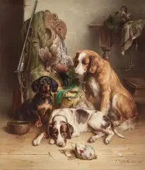 Carl Reichert, THREE DOGS AFTER THE HUNT, Oil on canvas
