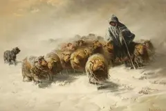 August Friedrich Albert Schenck, FLOCK OF SHEEP IN THE SNOW, Oil on canvas (relined)
