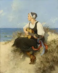 Hermann Seeger, YOUNG WOMAN WITH A GUITAR ON A BEACH, Oil on canvas