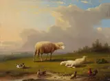 Franz van Severdonck, LANDSCAPE WITH SHEEP, DUCKS AND CHICKENS, Oil on panel