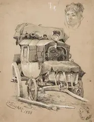 Eugen Dücker, HORSE AND CARRIAGE AND A STUDY OF A HEAD, Black and white chalk