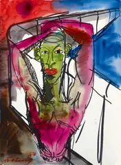 Rainer Fetting, Figur an Mauer, Mixed media on textured card