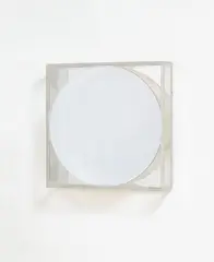 Untitled by Adolf Luther, Mirror object, concave translucent mirror ???diameter??? 38 cm in front of mirror on wooden panel in Plexiglas case, sold May 2013