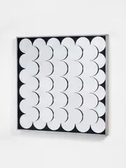 Untitled by Adolf Luther, Mirror object, 61 concave mirrors ??? diameter??? each 12 cm in front of black painted wooden panel in metal box, sold May 2013