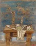 Jankel Adler, Stilleben mit jüdischen Ritualgegenständen, Oil with sand and plaster admixture, partiallly scratched and scraped, on panel