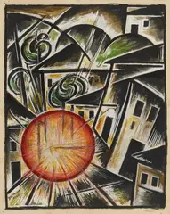 Sándor Bortnyik, Sonne zwischen den Häusern, Gouache, watercolour and ink brush on chamois-coloured light card