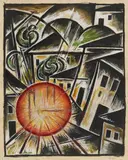 Sándor Bortnyik, Sonne zwischen den Häusern, Gouache, watercolour and ink brush on chamois-coloured light card