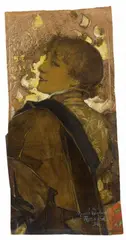 Louis Albert Besnard, Porträt Sarah Bernhardt, Watercolour over pencil and chalk, reworked in parts with opaque white, oil colours and gold-bronze, with ornamental embossing, on thin card