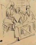 Drei Frauen im Raum by Ernst Ludwig Kirchner, Reed pen drawing on the reverse of letter, fully signed by Kirchner, on plain yellowish paper, sold May 2013