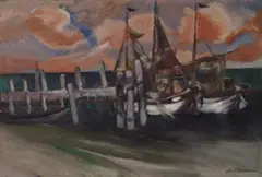 Boote am Steg by Ewald Mataré, Oil (partly mixed with sand [?]) on canvas, sold May 2013