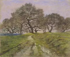 Pierre Ernest Prins, Hügellandschaft mit Bäumen, Pastel on brown laid paper