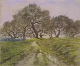 Pierre Ernest Prins, Hügellandschaft mit Bäumen, Pastel on brown laid paper