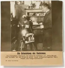 and Anonymous, Kurt Schwitters bei der Arbeit an seiner Merzplastik "Die heilige Bekümmernis" (Kurt Schwitters working on his Merzplastik "Die heilige Bekümmernis"), Vintage gelatin silver print (copy print)