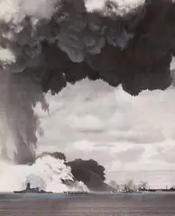 Joint Army Task Force One Photo, Closeup view of wall of water after the explosion of the atomic bomb, Vintage ferrotyped gelatin silver print hand colored