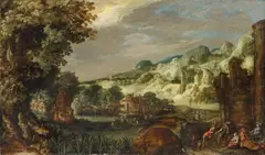 attributed to Gillis van Coninxloo, PHANTASTIC LANDSCAPE WITH RIVER, RUINS AND ARCHITECTURAL STAFFAGE, Oil on panel (parquetted)