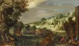 attributed to Gillis van Coninxloo, PHANTASTIC LANDSCAPE WITH RIVER, RUINS AND ARCHITECTURAL STAFFAGE, Oil on panel (parquetted)