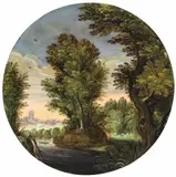 Flemish School, WOODED LANDSCAPE WITH SHEPHERD, Oil on panel